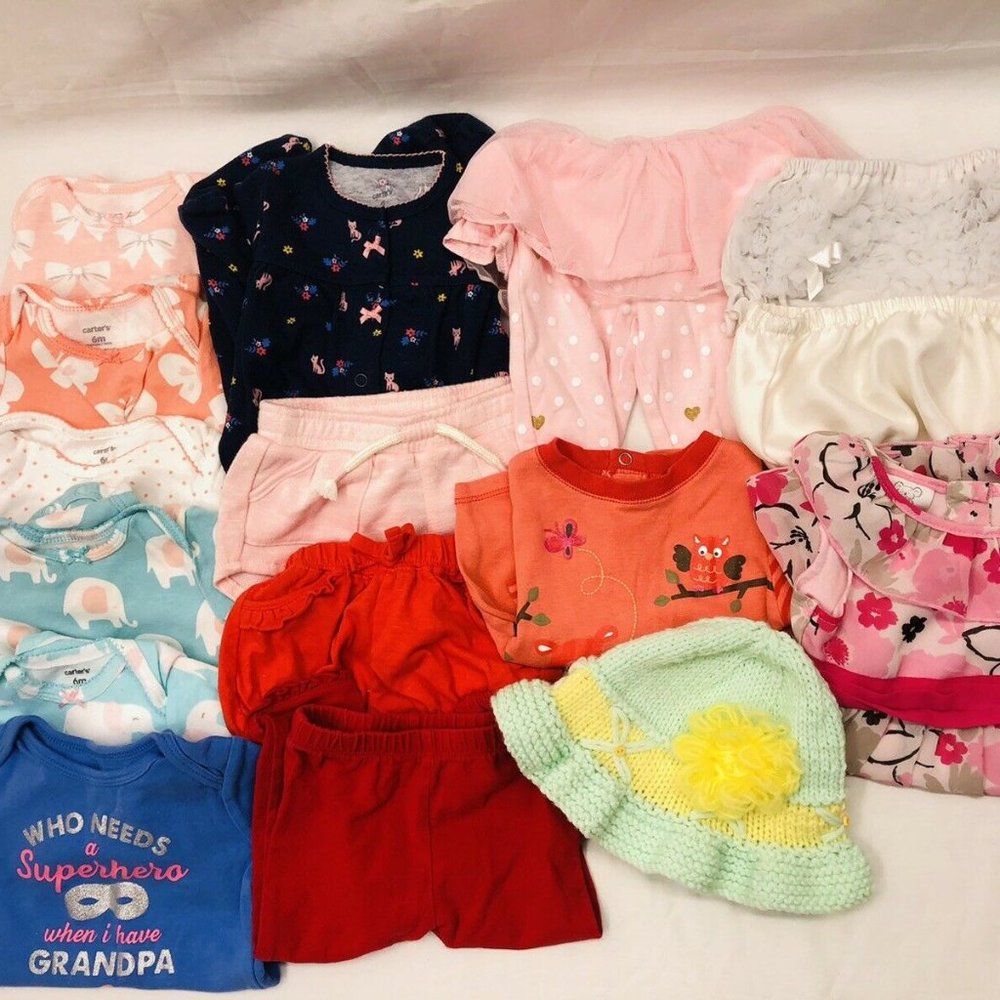 16 pc Lot Girls Clothing Size 6 mo. & 9 month Baby Clothes Dress Pants Tees